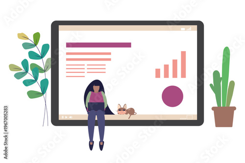 A flat vector illustration of a woman working on a laptop with her cat, sitting in front of a large screen displaying data charts and graphs, surrounded by indoor plants.