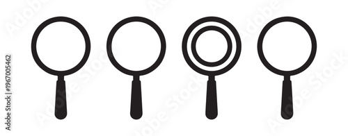 Set of four minimalist magnifying glass icons with thick black handles and thin circular frames on background.