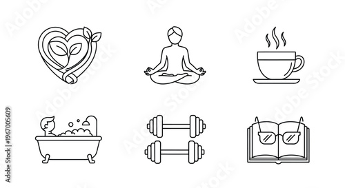 Wellness icons depicting self care activities like meditation exercise and relaxation