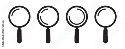 Four different magnifying glass icons showing various rim thicknesses and internal reflections in black style.