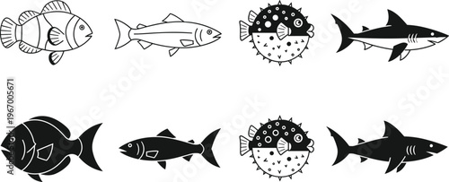Sea Fish Icons and Silhouettes Set Featuring Clownfish, Salmon, Pufferfish, and Shark Vector Illustrations for Marine Life Design and Graphics.