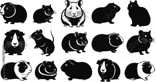 Set of Small Pet Silhouettes Featuring Hamsters, Guinea Pigs, Rats, and Mice, Black and White Vector Illustrations for Veterinary Clinics, Pet Stores, and Animal Care
