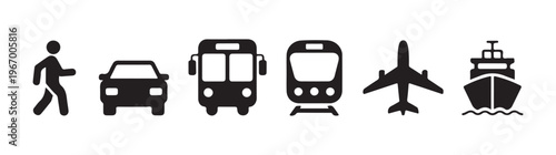 Set of transportation icons including walking person, car, bus, train, airplane, and ship isolated.