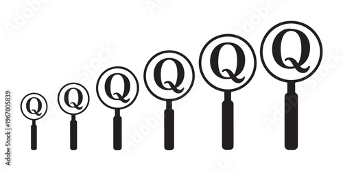 Six magnifying glass icons with a letter q inside, increasing in size on a white background, representing quality.
