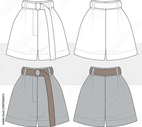 Women's high waisted linen shorts with belt, fashion technical drawing, illustration. Mini shorts flat sketch, vector. Front and back view, CAD, Mockup.
