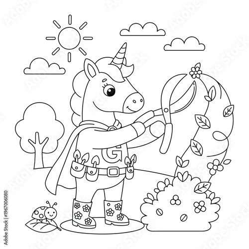 Unicorn gardener trimming plants with shears in sunny garden scene with flowers fun coloring page