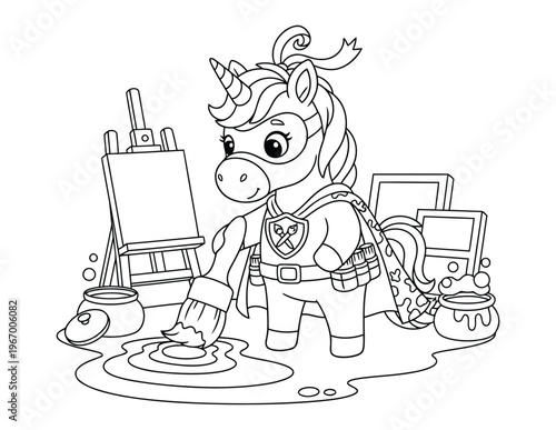 Unicorn artist painting on canvas with brush and creative tools in studio fun coloring page