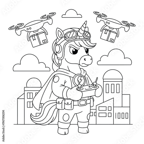 Unicorn superhero controlling delivery drones over city with remote in fun adventure coloring page
