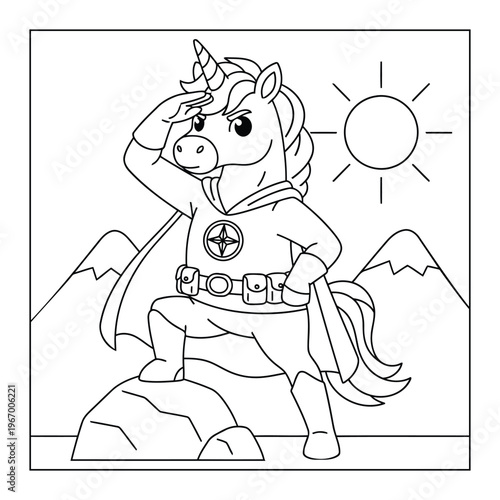 Unicorn superhero standing on mountain looking ahead in brave adventure scene coloring page