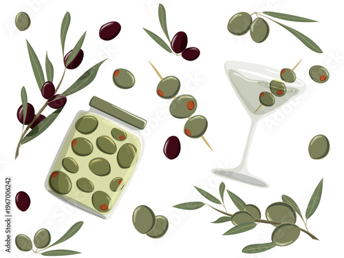 Set of Green and Black Olive vector Elements, oil bottle, jars and snacks. Mediterranean food stickers set