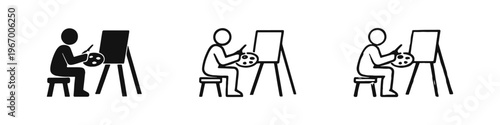 Artist Painting on Easel Icon Set - Creative Person with Palette and Brush