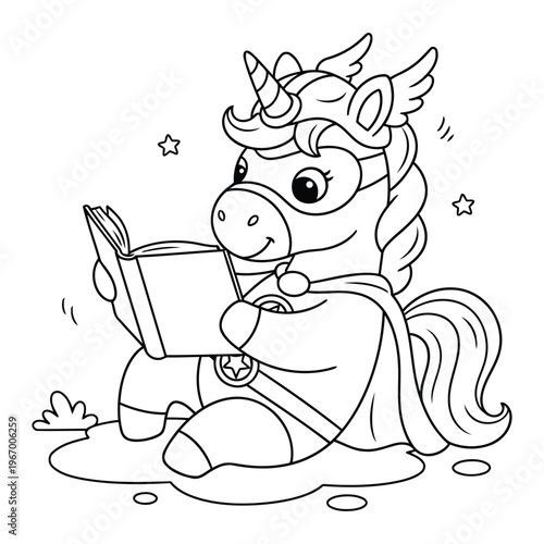 Unicorn superhero reading book in peaceful outdoor scene fun learning coloring page