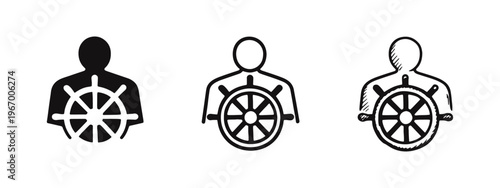 Person with Ship's Wheel Icon Set - Leadership and Navigation Symbol