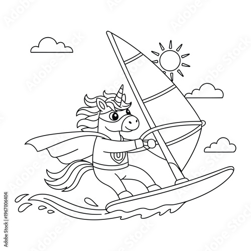 Unicorn superhero windsurfing on ocean waves in sunny day fun kids coloring page