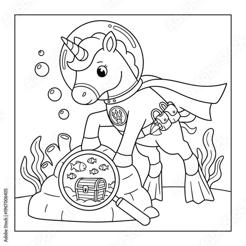 Unicorn superhero underwater searching treasure with magnifying glass fun kids coloring page