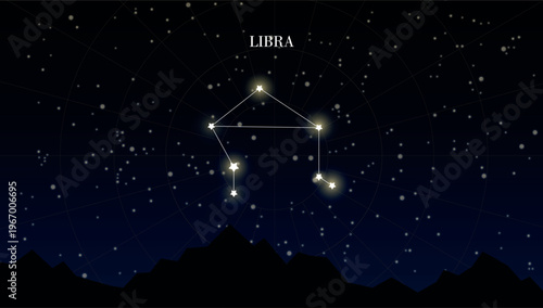 Libra zodiac Star constellation on dark background of night sky with stars. Astrology or astronomy vector design element