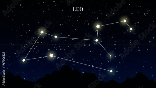 Leo zodiac Star constellation on dark background of night sky with stars. Astrology or astronomy vector design element