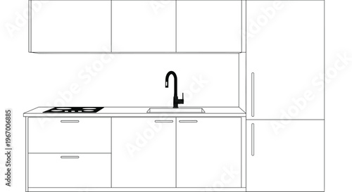 A minimalist line art illustration of a modern kitchen layout with appliances is presented on a white background.