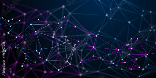 Abstract digital network background with glowing connected nodes and bright lines on a dark blue gradient illustrating data communication, technology flow, and futuristic connectivity.