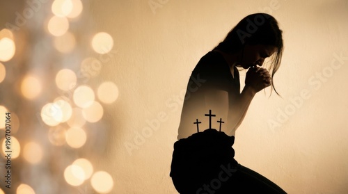 Silhouette of woman kneeling in prayer with overlaid image of three crosses on hill. Spiritual christian worship and hope concept. religious faith, meditation and belief background.