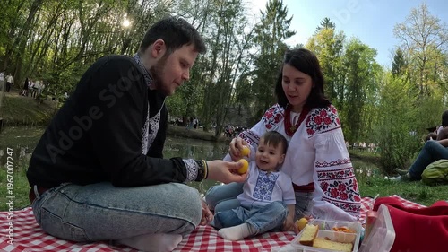 Family picnic feeding baby on red checkered blanket