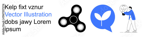 Innovation, sustainability, communication, creativity, messaging, conceptual design. Abstract text, spinner icon plant symbol and person holding light bulb. Innovation and communication