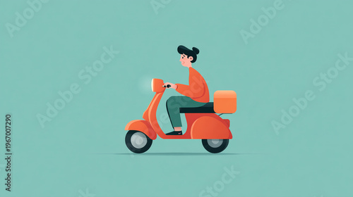 Simple bright flat illustration of a woman riding a red scooter on a plain background, creating a clean, cheerful, modern, and playful visual style