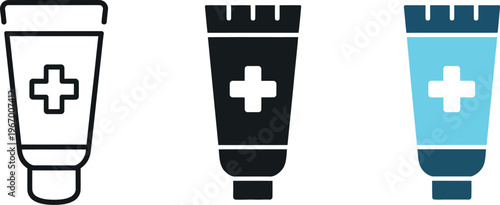 Ointment icon set with multiple styles featuring cream tube medicine for medical support, healthcare, and pharmaceutical vector illustration