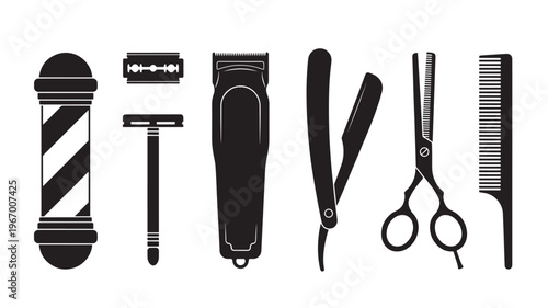 Barber pole, razor blade, hair clipper, straight razor, scissors, and comb icon set for grooming and hairstyling services.