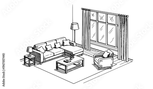 Isometric living room interior black and white sketch with sectional sofa window and furniture vector illustration