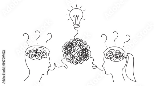 Two heads in profile with tangled thoughts and question marks transition to a bright idea bulb, symbolizing communication challenges and