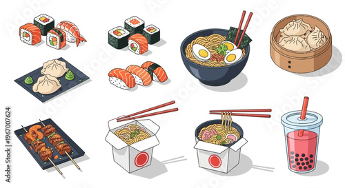 Set of Asian food illustrations featuring sushi, ramen, dim sum, dumplings, yakitori, takeaway noodles, and bubble tea in cartoon vector style isolated on white background.