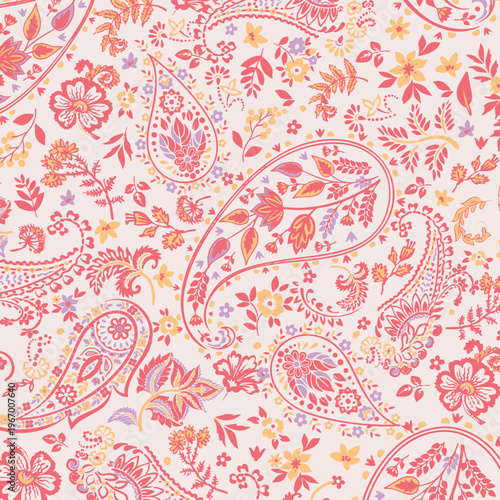 Paisley floral  seamless pattern in warm pink and orange tones.