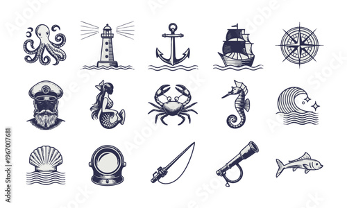 Vintage marine icon set with nautical illustration and sea elements collection