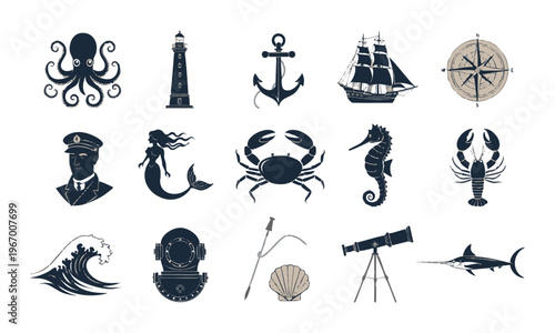 Marine engraving icon set with nautical objects and sea life vector illustration.