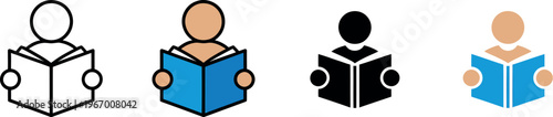 People reading book icon set vector on white background representing education, learning, literacy, and knowledge concept illustration