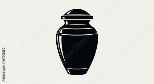 Black cremation urn with lid on white background.