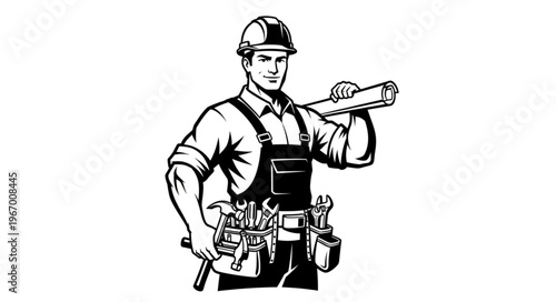 Construction worker holding blueprints and tools ready for work.