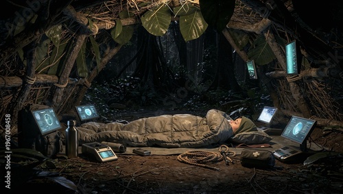 Person sleeping in forest shelter surrounded by futuristic devices