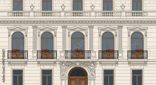 Elegant European Building Facade with Arched Windows and Balconies.