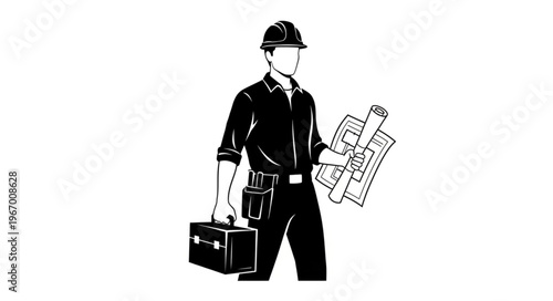Construction worker holding blueprints and toolbox ready for work.