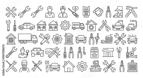 Collection of line art icons depicting automotive repair and home maintenance