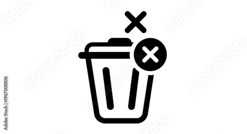 Black and white trash can icon with an x mark symbol on white background