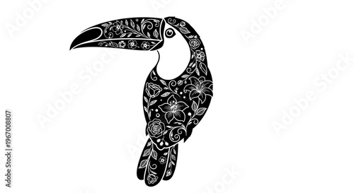 Black and white toucan illustration with floral pattern on white background