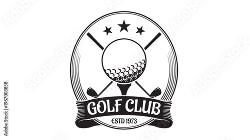 Golf club emblem with ball and clubs, featuring stars and established date text featuring logo, tees, sport with game and recreation elements for