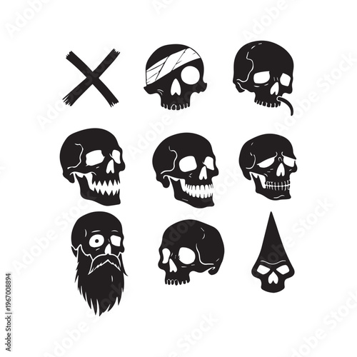  Collection Of Nine Unique Black And White Skull Icons And Graphic Elements.