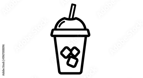 Black and white vector illustration of a refreshing beverage with ice cubes