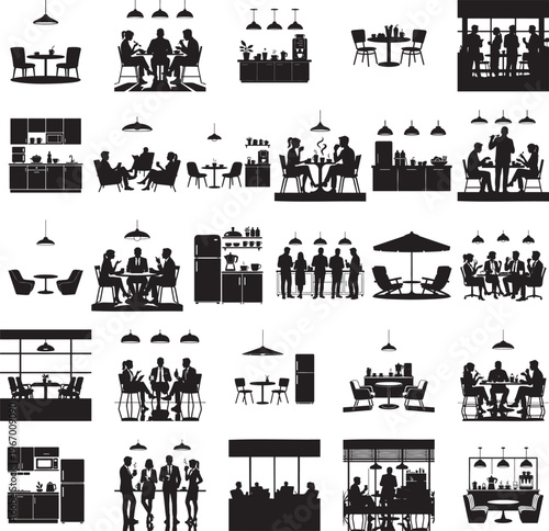 Office break room with snack counter silhouette design set