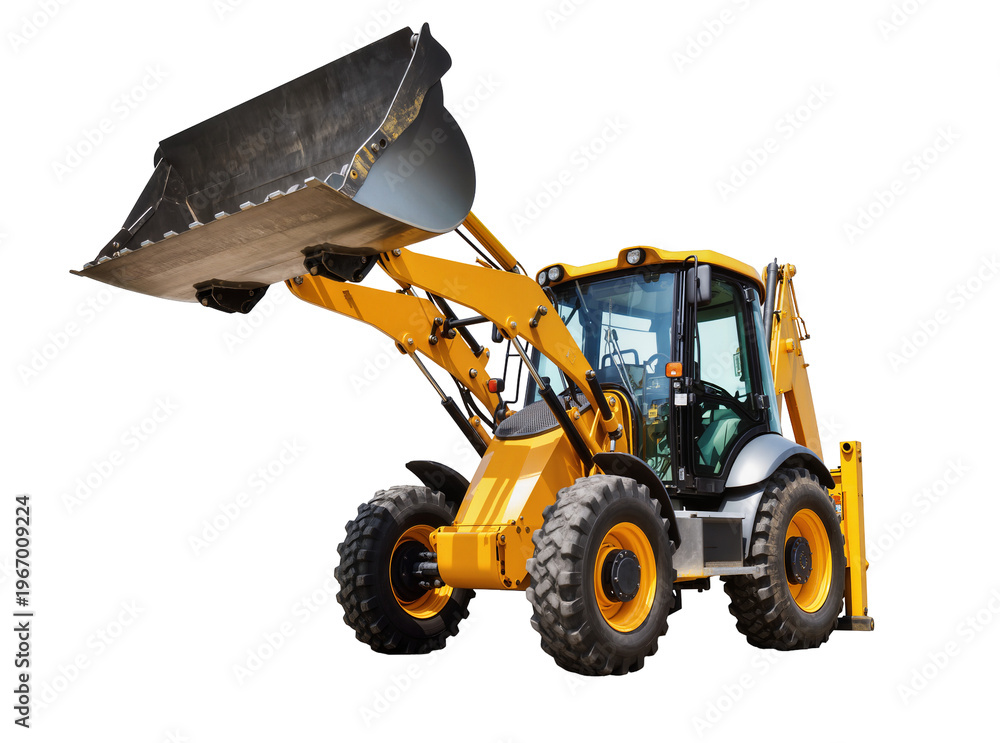 Fototapeta premium Heavy duty yellow backhoe loader construction vehicle with large front bucket, isolated on transparent background for industrial and building projects PNG