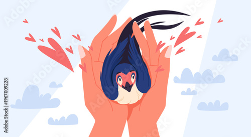 Gentle hands cradle a martlet bird surrounded by floating hearts and clouds, symbolizing care, love, and protection in a modern flat style vector illustration